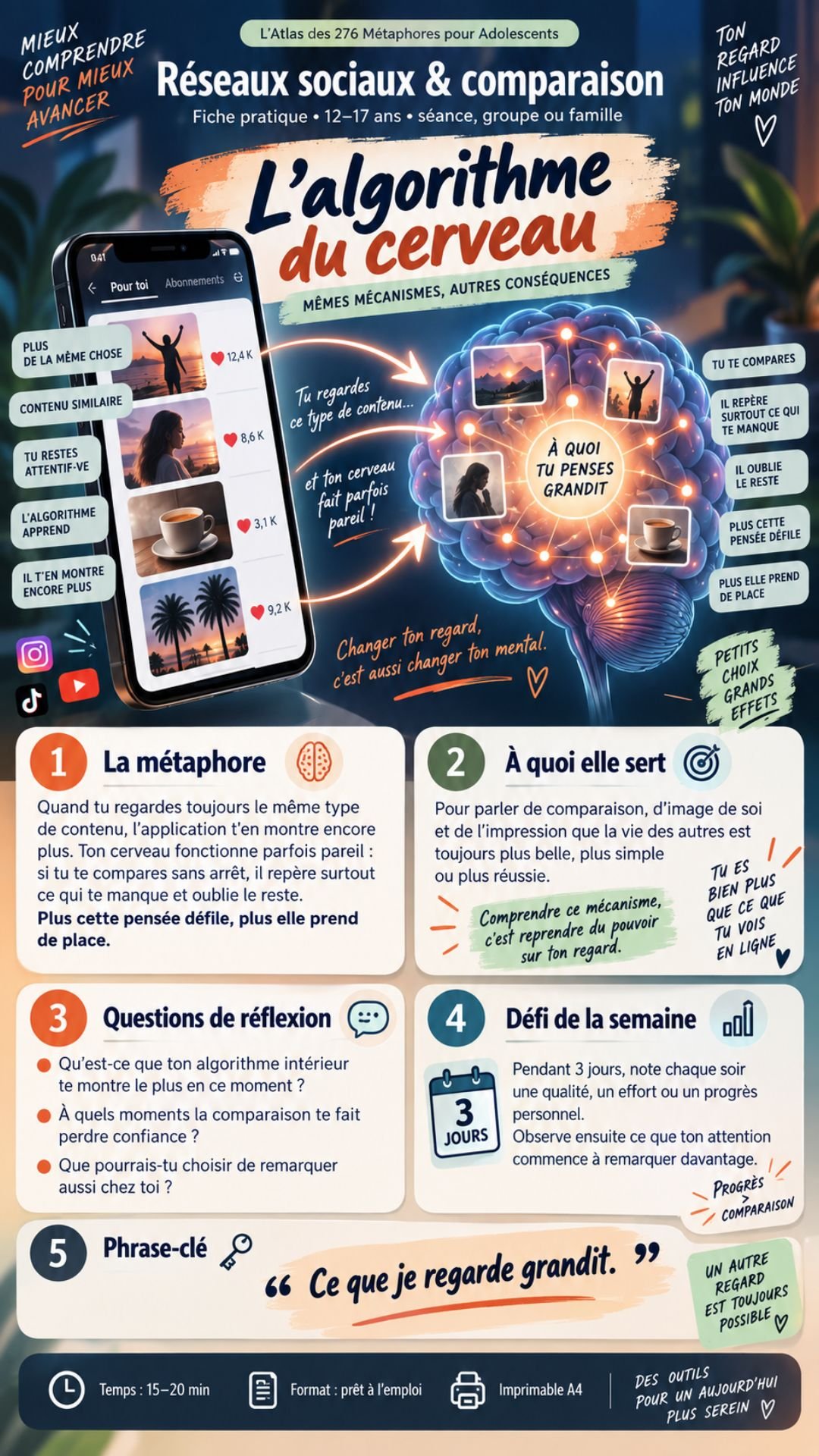 Ficha do tema Ansiedade e estresse: metáfora A barra de energia, com perguntas de reflexão, desafio prático e frase-chave